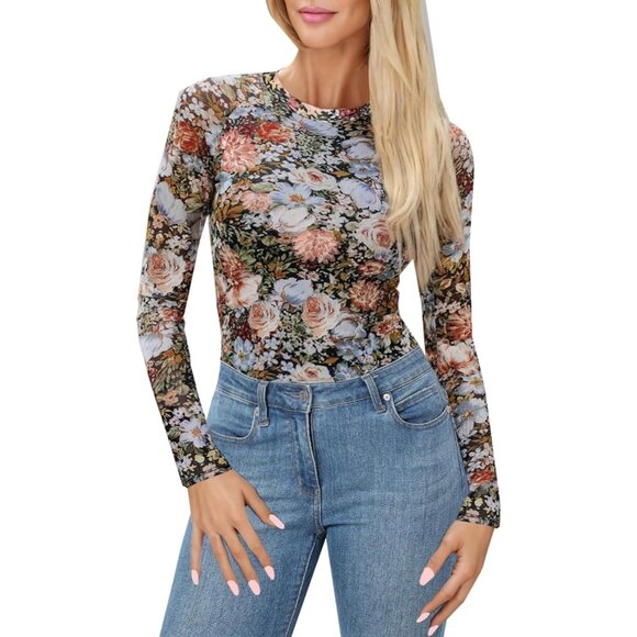 🆕Women Floral MeshTop Multicolor Polyester Fitted Sexy See-Through Long Sleeve - Picture 1 of 7